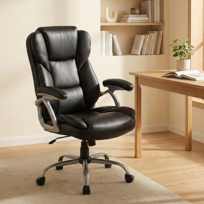 Executive Office Chair Leather Ergonomic Computer Desk Chair with Padded Seat and Armrests-Black