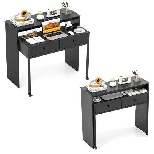 Extendable Computer Desk with 2 Storage Drawers Convertible Home Office Rolling Study Writing Desk-Black