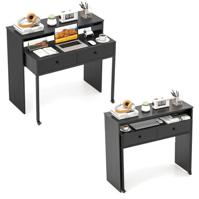 Extendable Computer Desk with 2 Storage Drawers Convertible Home Office Rolling Study Writing Desk-Black