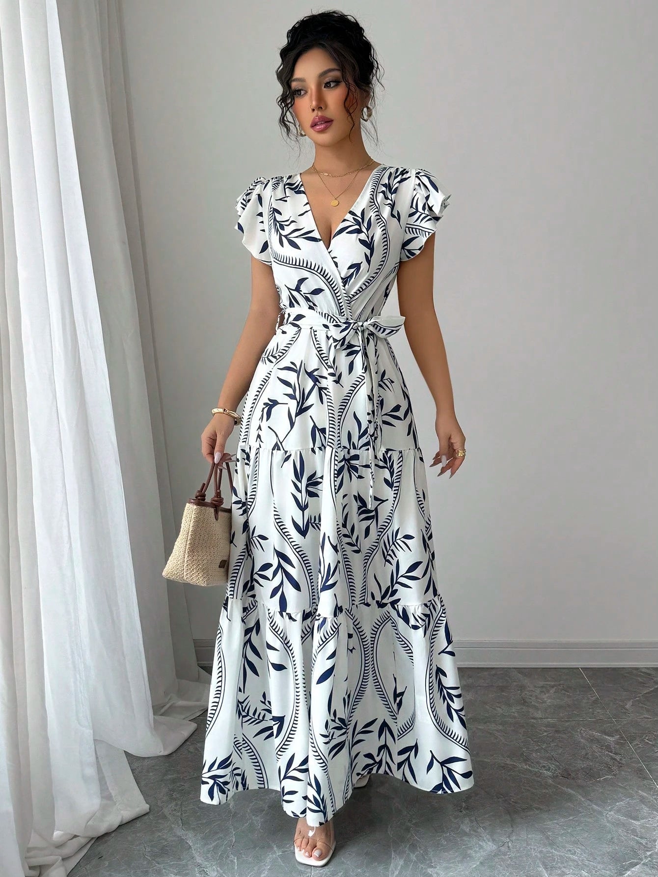 Spring Summer New Printed Ruffled V-Neck Sexy Fitted Slimming Long Dress Gown