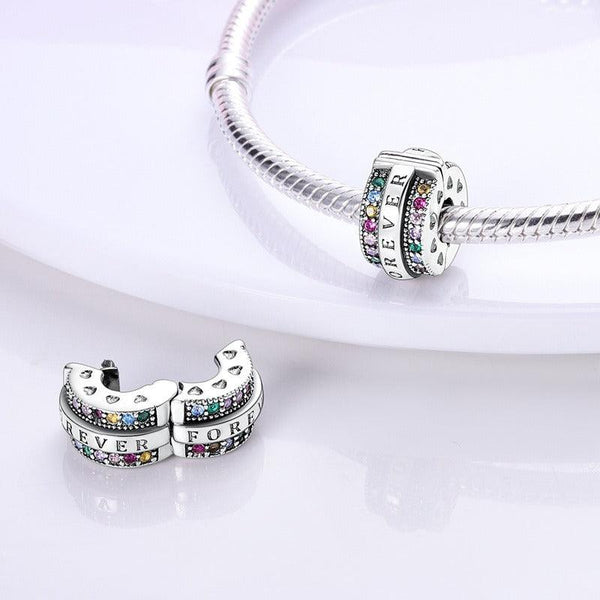 Copper plated S925 silver FOREVER colorful heart clip beads string DIY bracelet necklace
