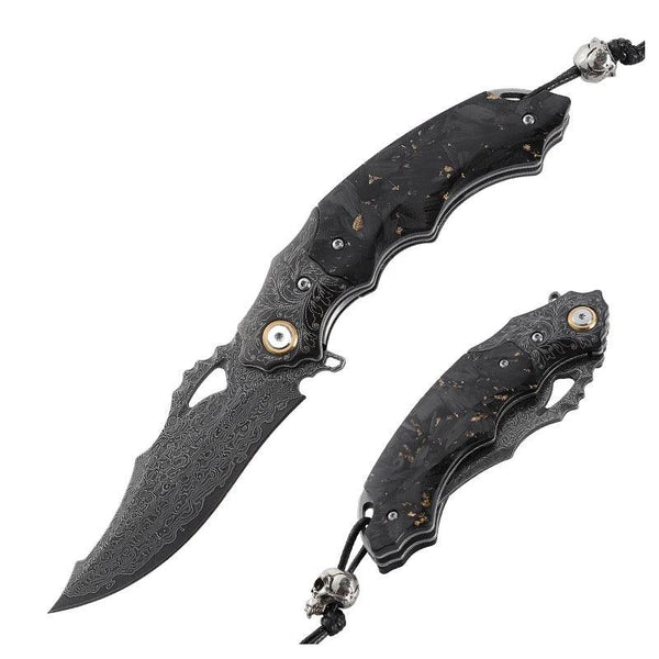 Black gold EDC Gentlemen's Pocket Knife with 14K Gold Foil Carbon Fiber Handle & Sheath Personalized
