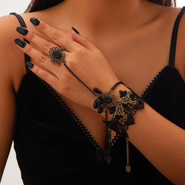 Halloween Finger Mesh Tassel Bracelet Punk Alloy Rose Lace Floral Handmade for Women