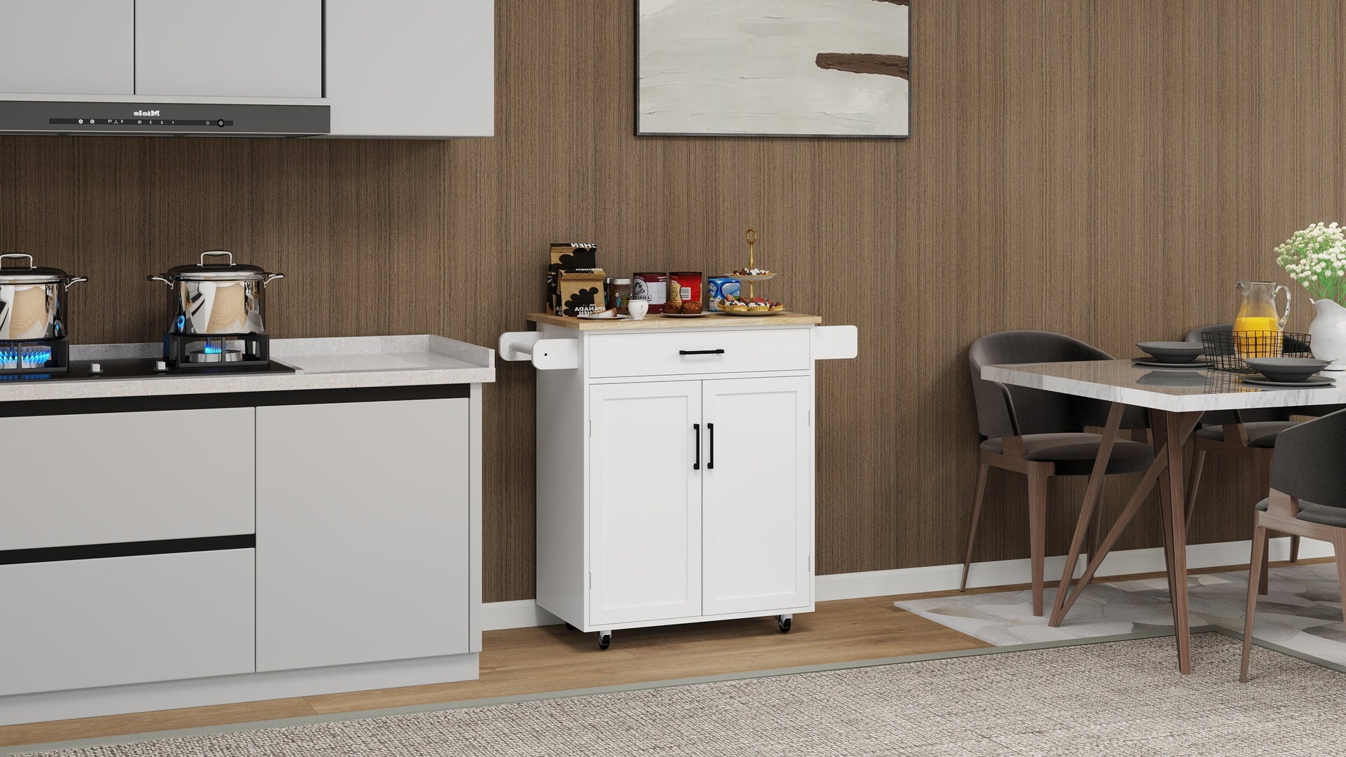 Kitchen island rolling trolley cart with 1 drawer & 2 doors with storage racks & Adjustable Shelves & towel rack