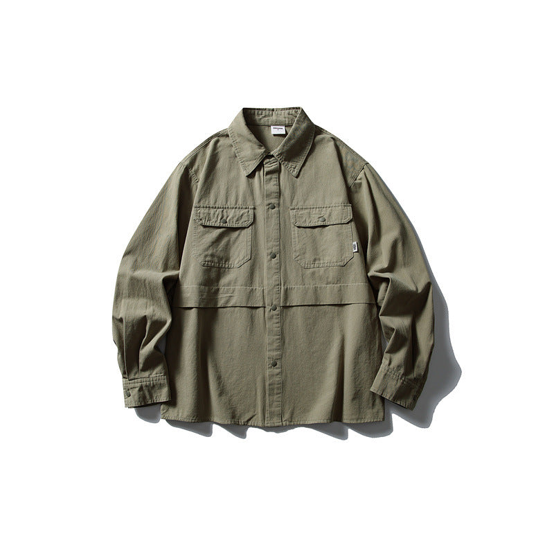 Splicing workwear long sleeved shirt men's loose casual shirt