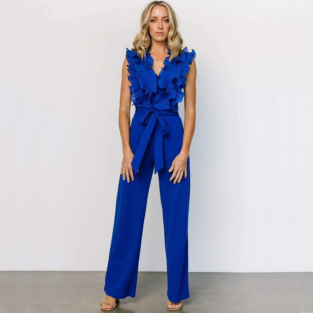 Sexy V-neck Backless Ruffle Tie-up Jumpsuit Casual Long Comfortable Fitted Women's Clothing