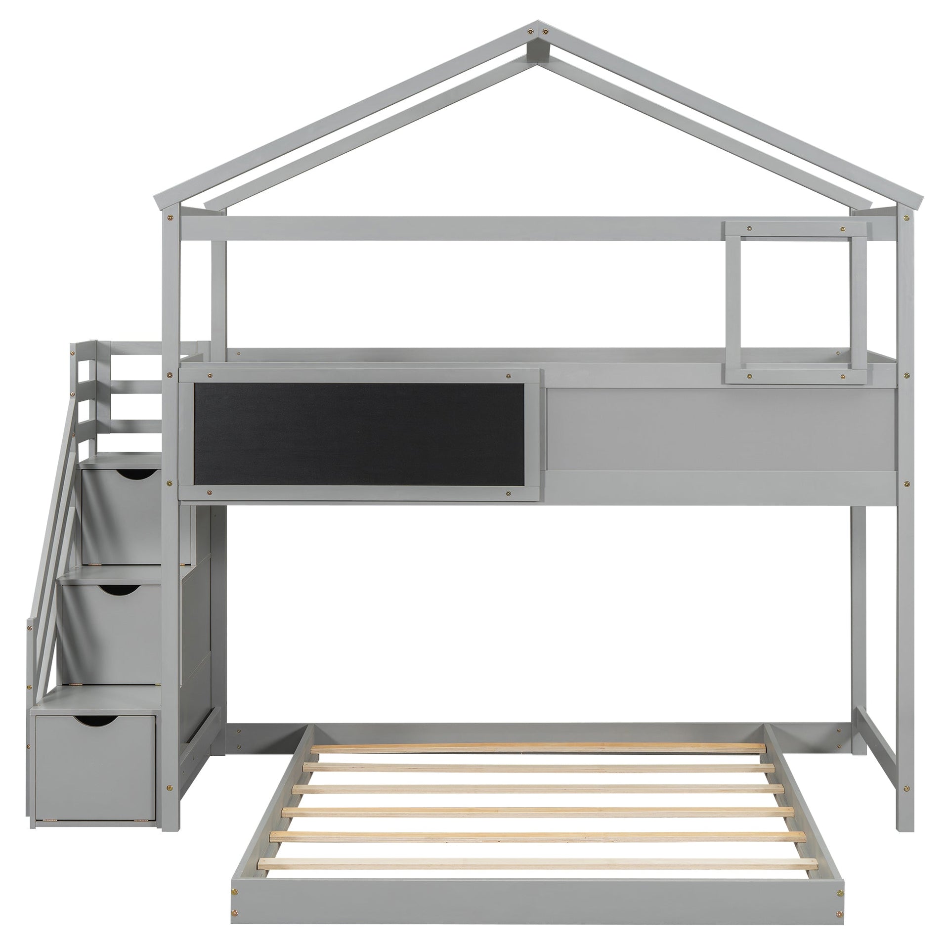 Twin over Full House Bunk Bed with Storage Staircase and Blackboard Gray