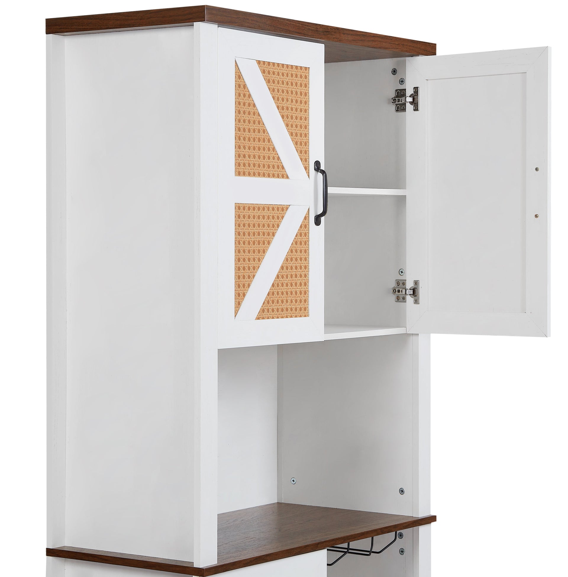 76 Inch Tall Farmhouse Kitchen Faux Rattan Wine Cabinet, Kitchen Bar Cabinet with Square Compartments and Shelves