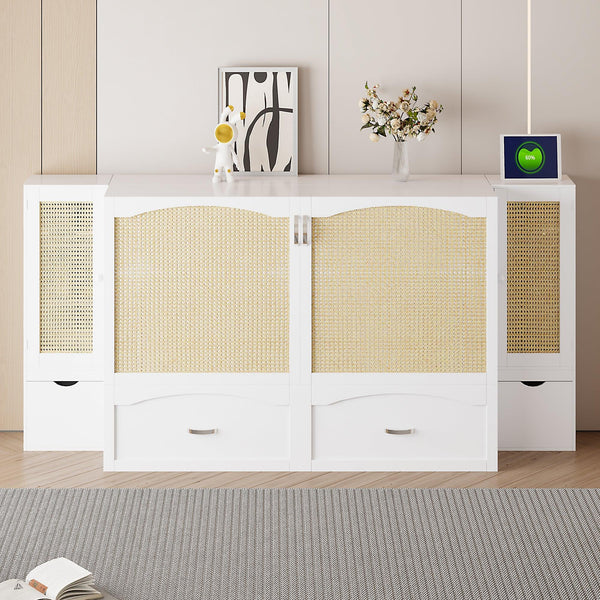 Large Murphy bed wall mounted bed with drawers, 2 storage cabinets, 1 set of sockets and USB ports, white