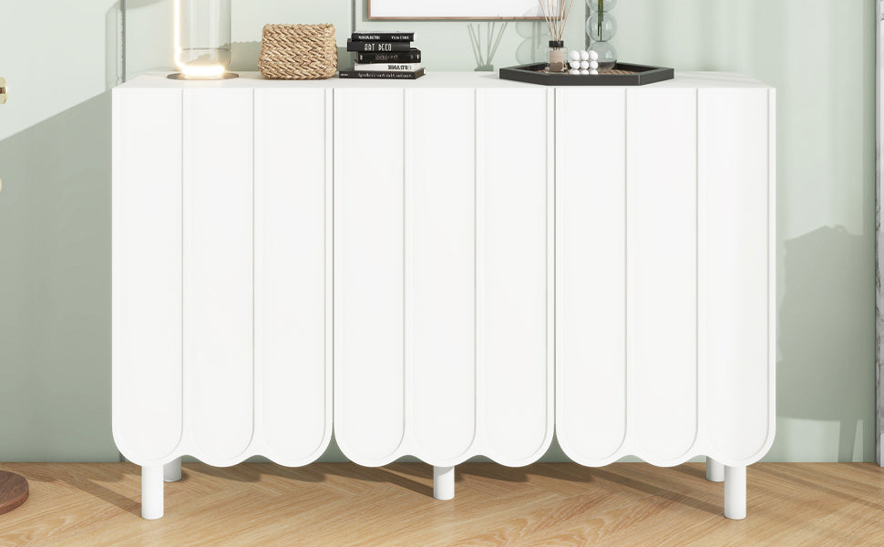 ON-TRANS Cream Style Shoe Cabinet with 5 Adjustable Solid Wood Legs, Large Storage Cabinet with Wave Doors, White