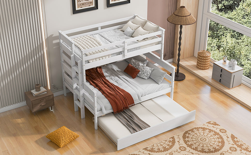 Wood Twin over Full Bunk Bed with Twin Size Trundle  White