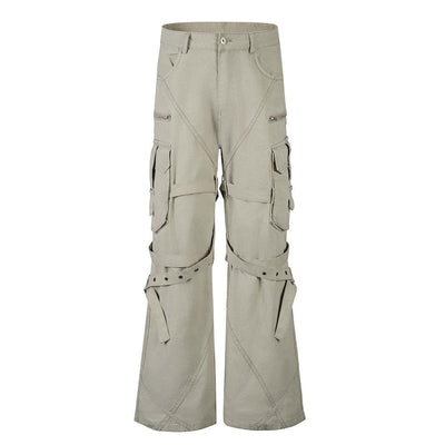High Street Style Multi-Pocket Workwear Flared Trousers with Belt Design for Men