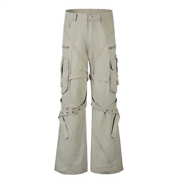 High Street Style Multi-Pocket Workwear Flared Trousers with Belt Design for Men
