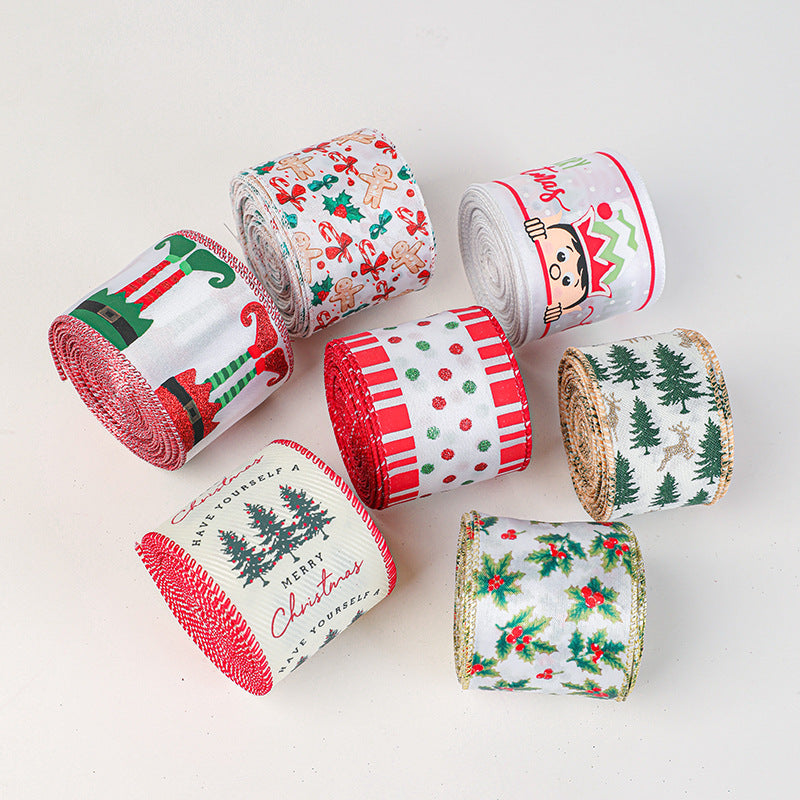 Christmas decoration ribbon, cedar pattern printed ribbon, bow tie, Christmas decoration ribbon, holiday ribbon
