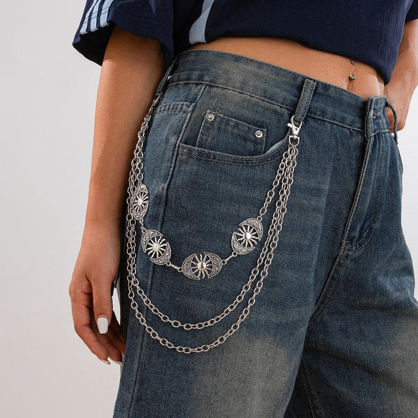 Punk style Moon Teeth Mushroom Cross Chain Pants Chain Street Fashion Multi layer Alloy Waist Chain