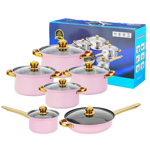 12 - piece wine - red non - stick stainless - steel soup pot set, induction - friendly for kitchen use.
