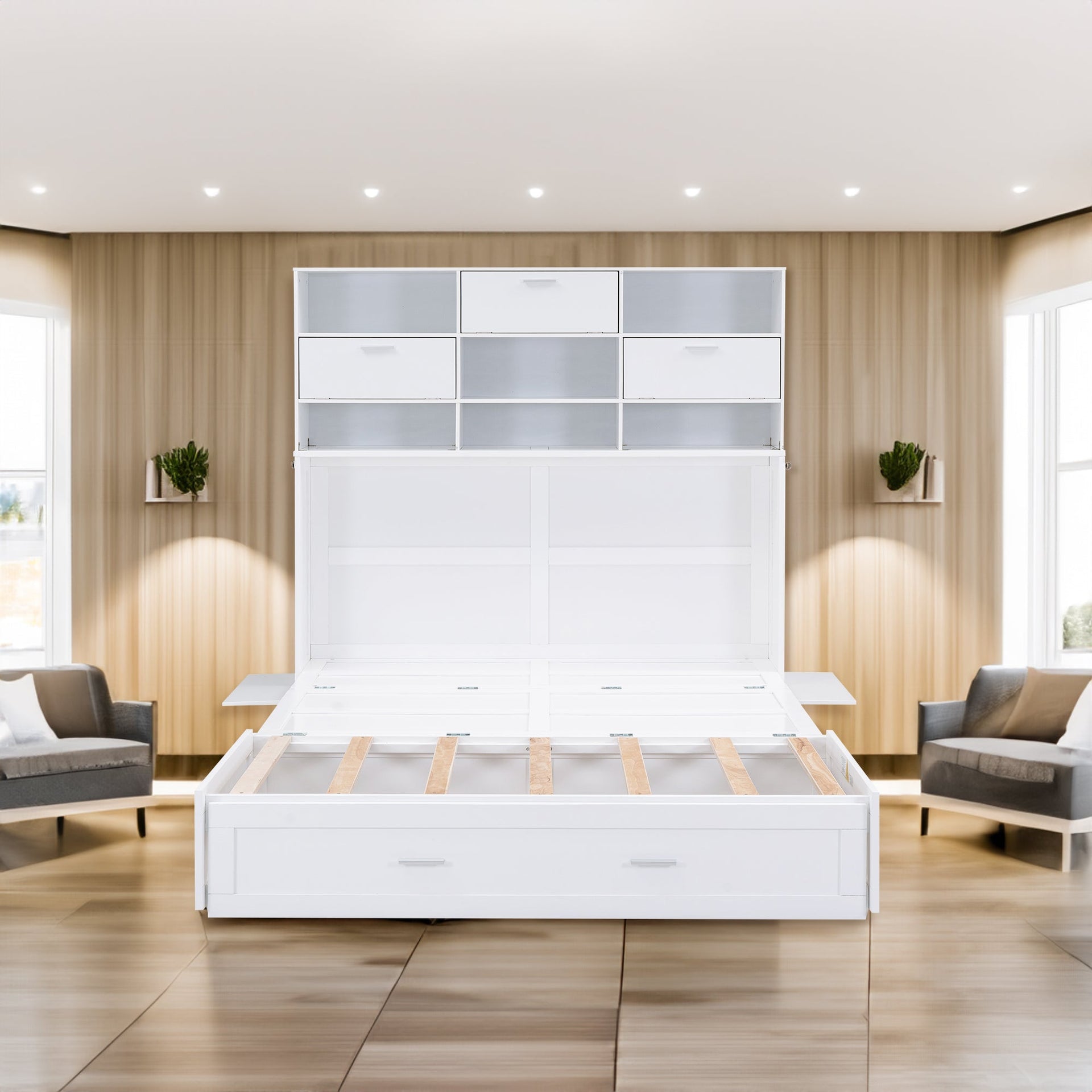 ueen Size Murphy Bed with Bookcase, Bedside Shelves and a Big Drawer, White