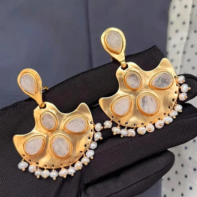 Brass Natural Stone Crystal Open Bracelet Gold Color Metal Bangle for Woman Jewelry Luxury Europe Trend Gifts Accessories