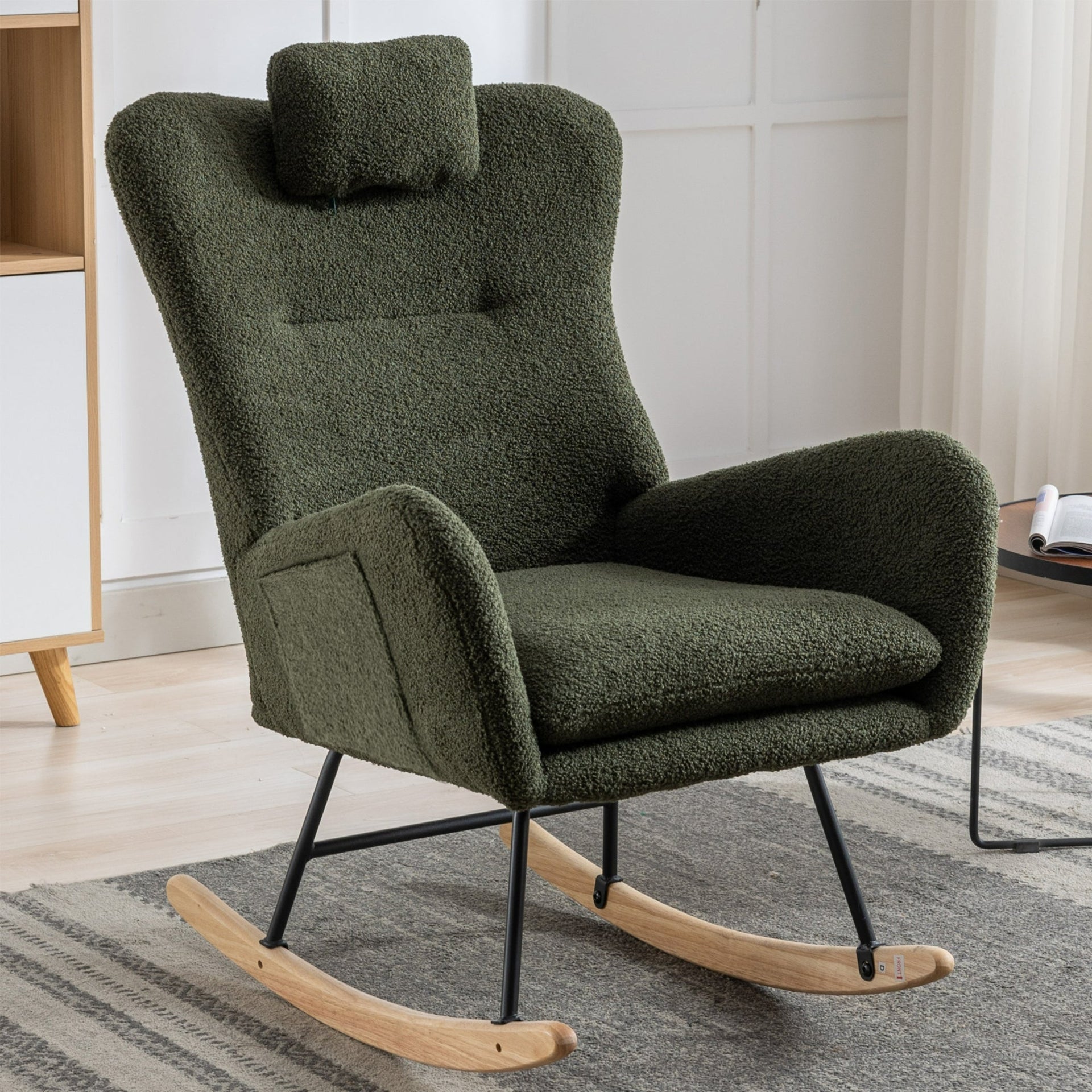 35.5-inch soft Teddy fabric rocking chair with pockets, comfortable wing straps, secure solid wood base (dark green)