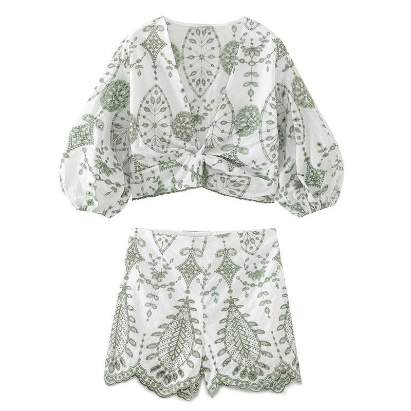 Fashionable Casual Loose Embroidered Short Top and Shorts for Women