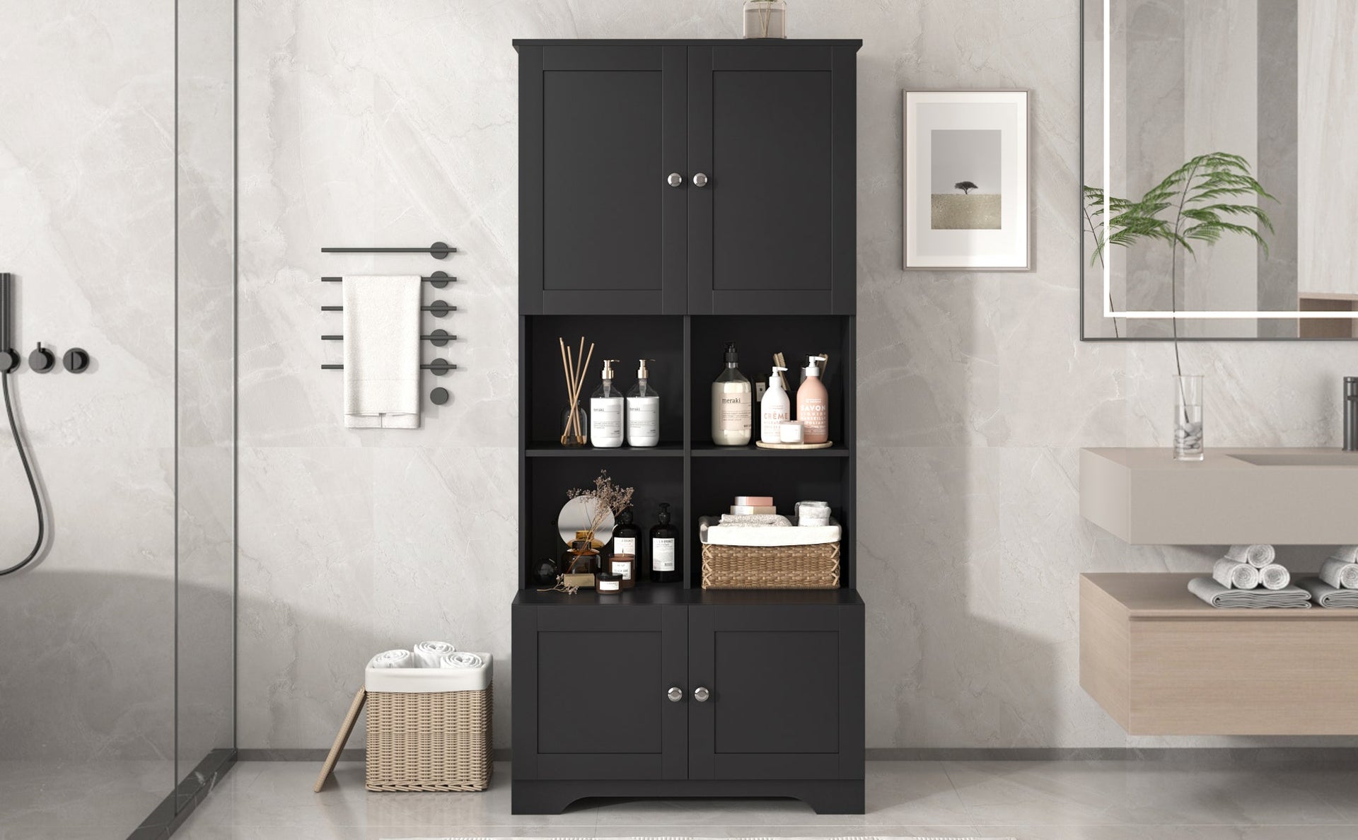 Bathroom storage cabinet, 4-door independent cabinet, adjustable shelf, open multi-layer shelf, black