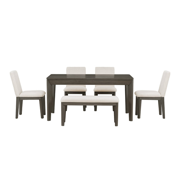 TOPMAX 6-Piece Dining Table Set with Upholstered Dining Chairs and Bench Farmhouse Style Tapered Legs Dark Gray+Beige