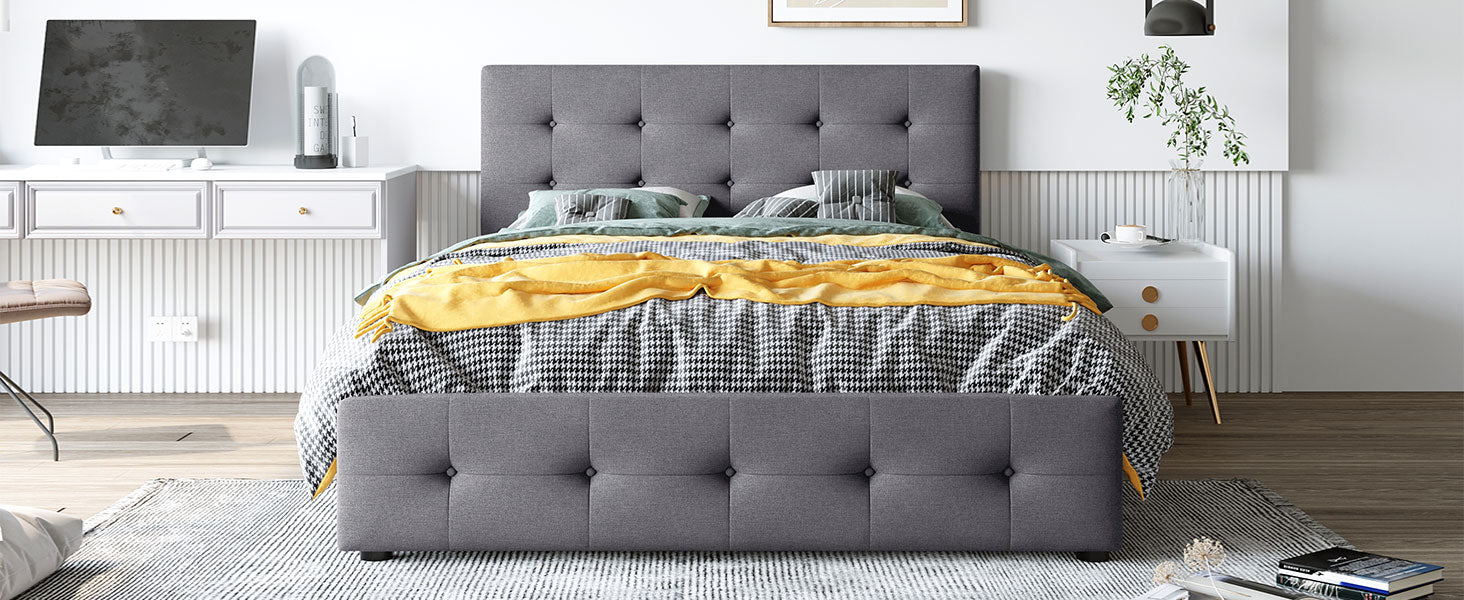 Upholstered Platform Bed with Classic Headboard and 4 Drawers No Box Spring Needed Linen Fabric Queen Size Dark gray