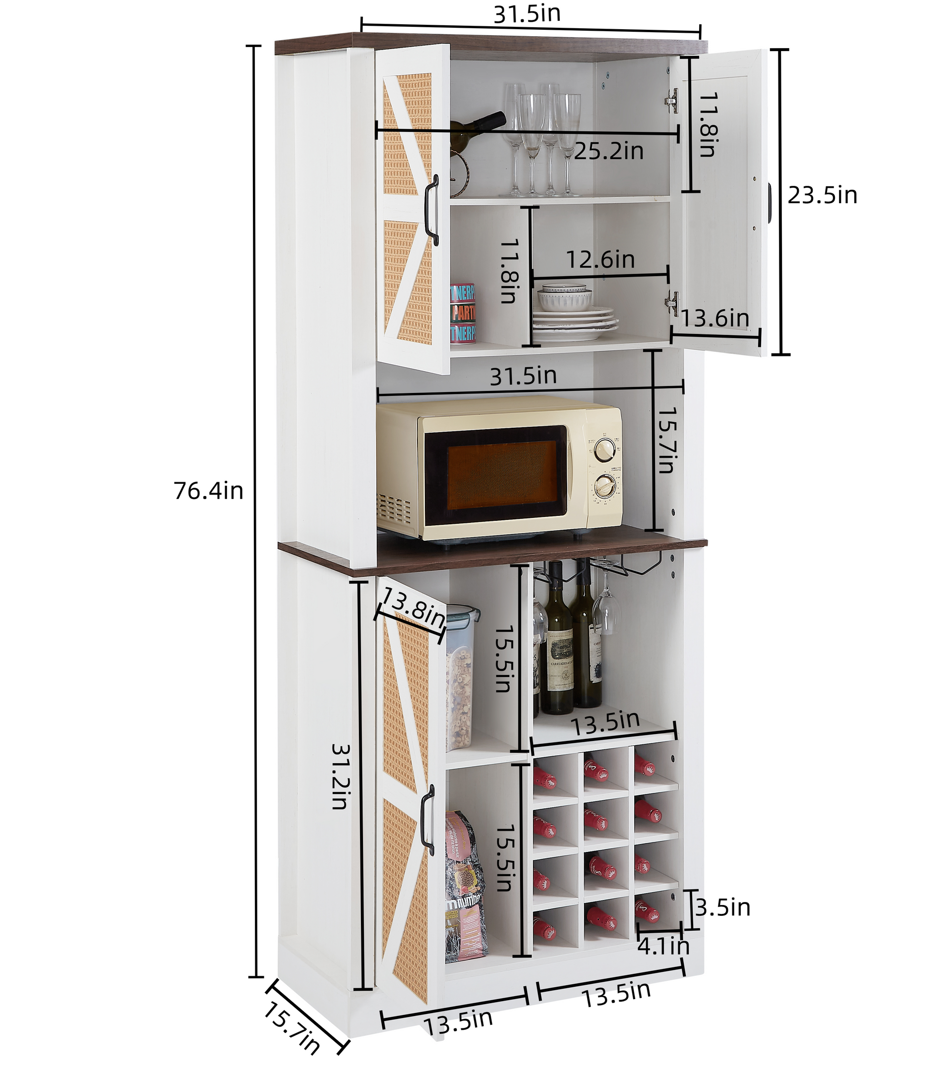 76 Inch Tall Farmhouse Kitchen Faux Rattan Wine Cabinet, Kitchen Bar Cabinet with Square Compartments and Shelves