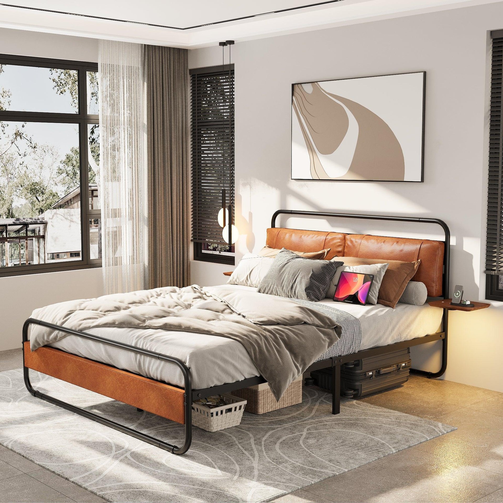 King Size Metal Bed Frame with Upholstered Headboard, with wireless charging and USB A & USB C, Touch LED light Vintage Brown