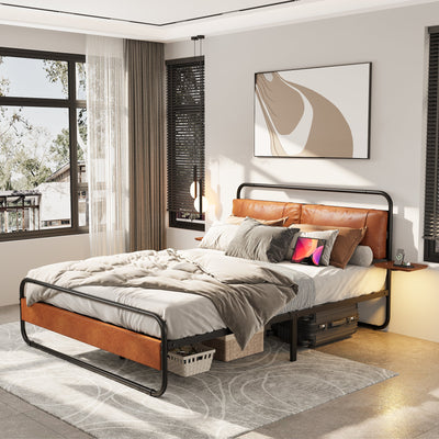 King Size Metal Bed Frame with Upholstered Headboard, with wireless charging and USB A & USB C, Touch LED light Vintage Brown