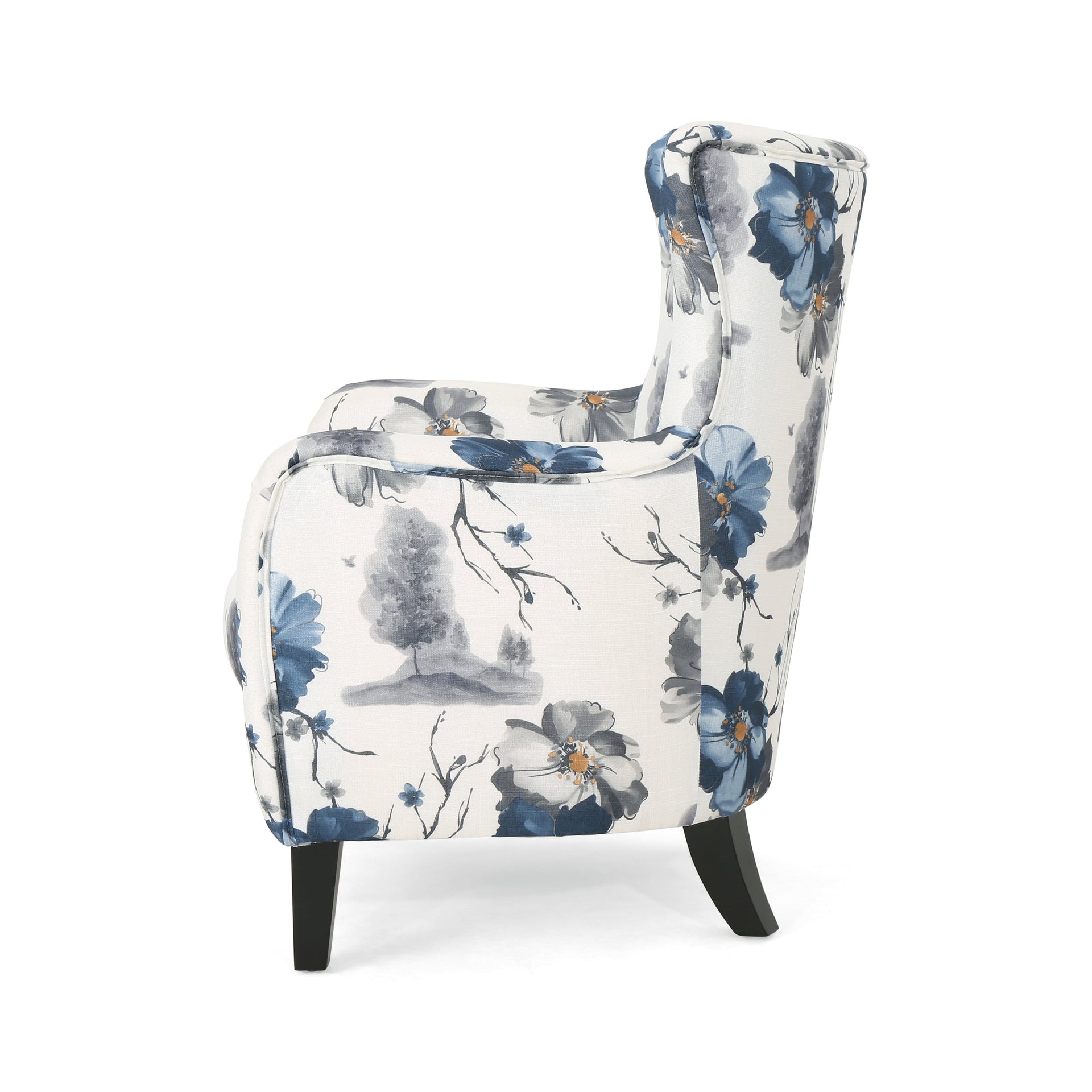Modern retro printed fabric cushioned club chair, white and blue patterned armchair