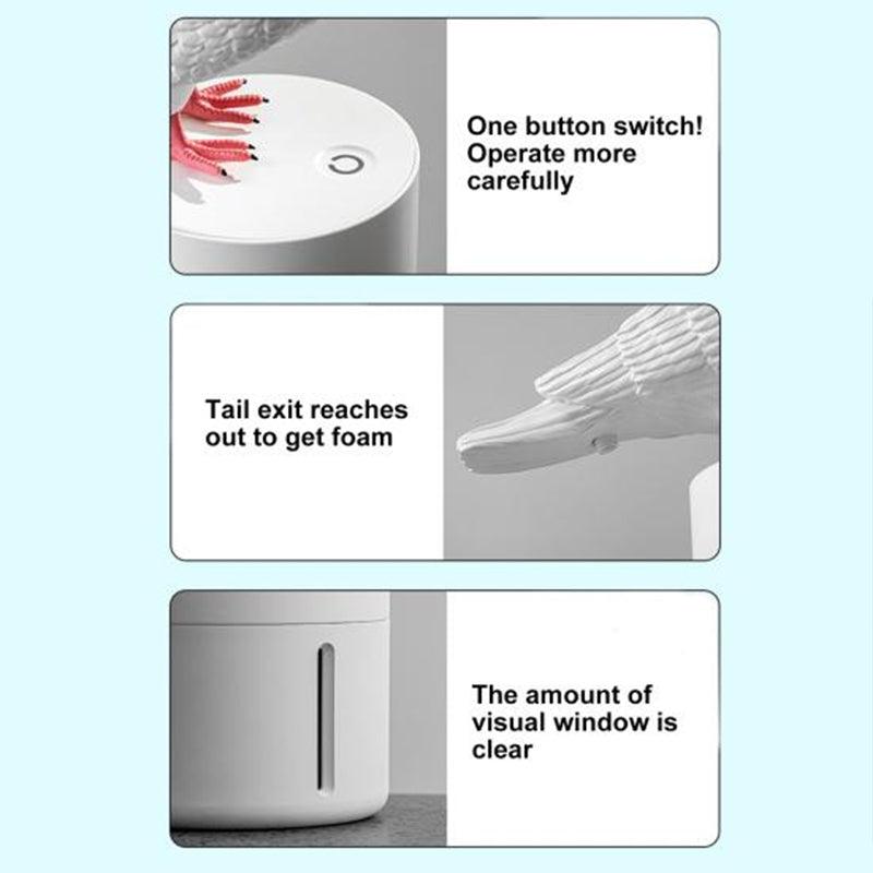 Pigeon-shaped auto sensor foam dispenser. Touchless, fine foam.