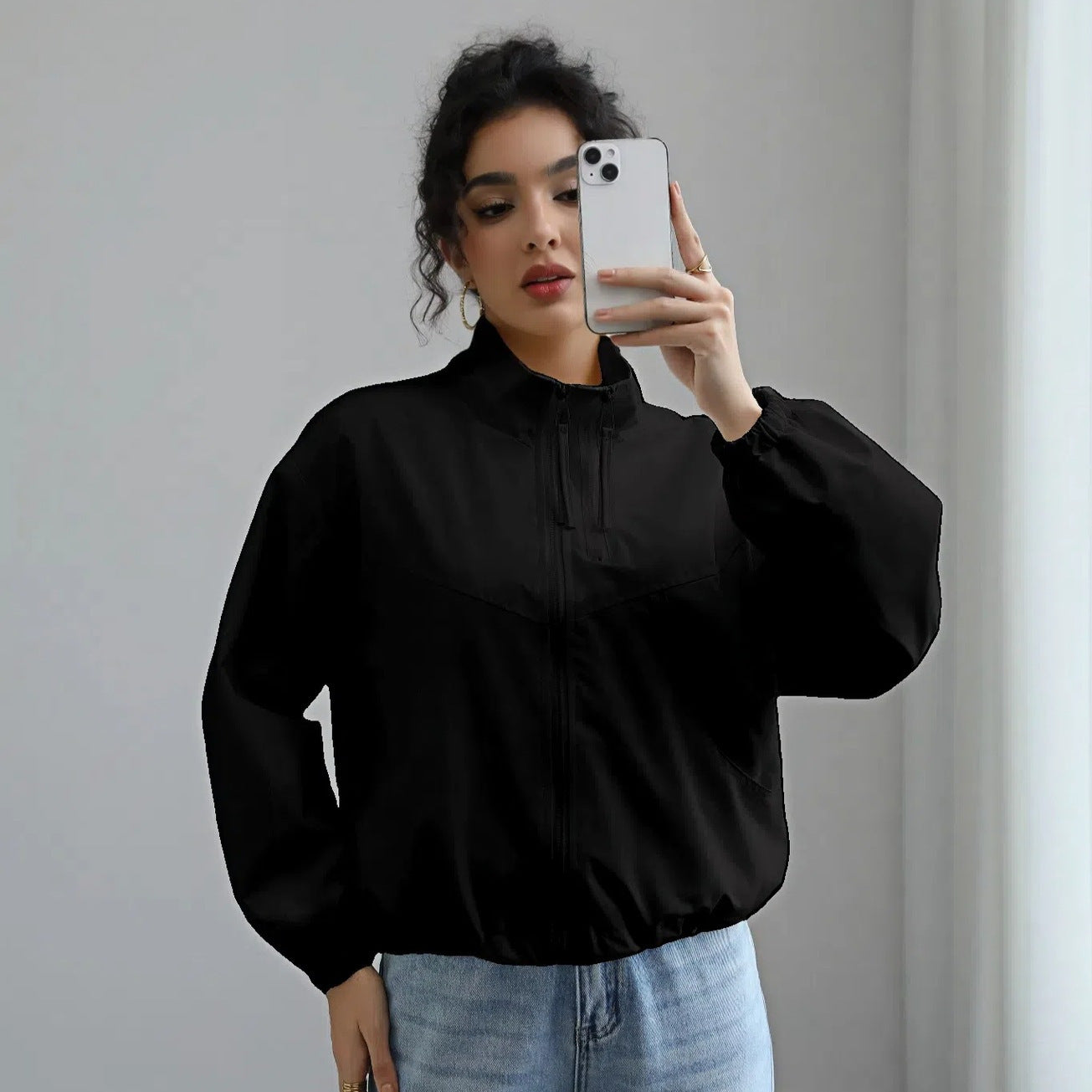 Fashionable Waterproof Short Jacket with Stand Collar for Women