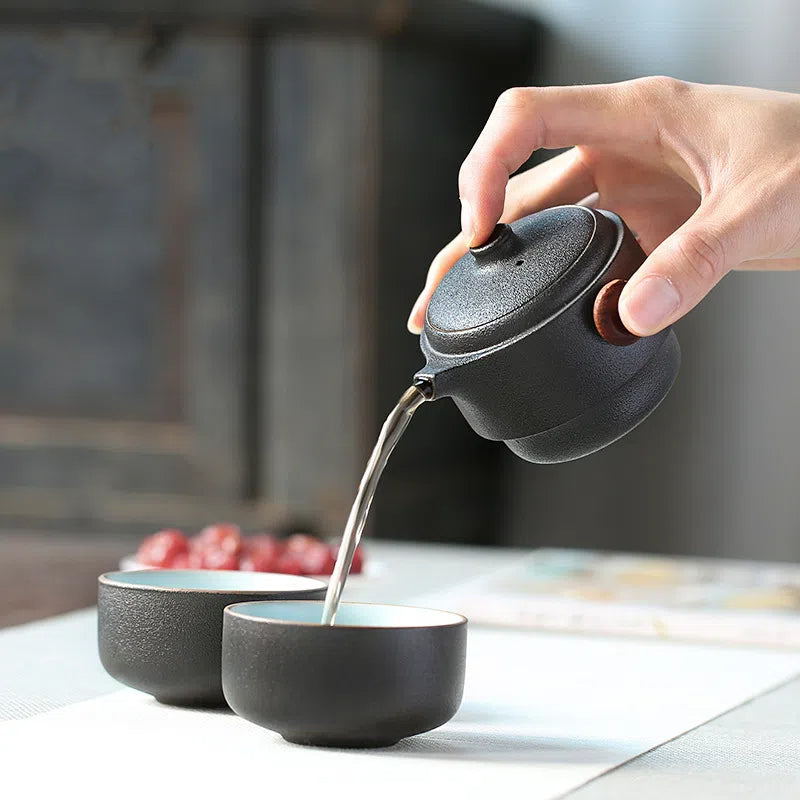 Black pottery quick guest cup one pot two cups household outdoor travel tea set portable bag Kung Fu outdoor portable bubble