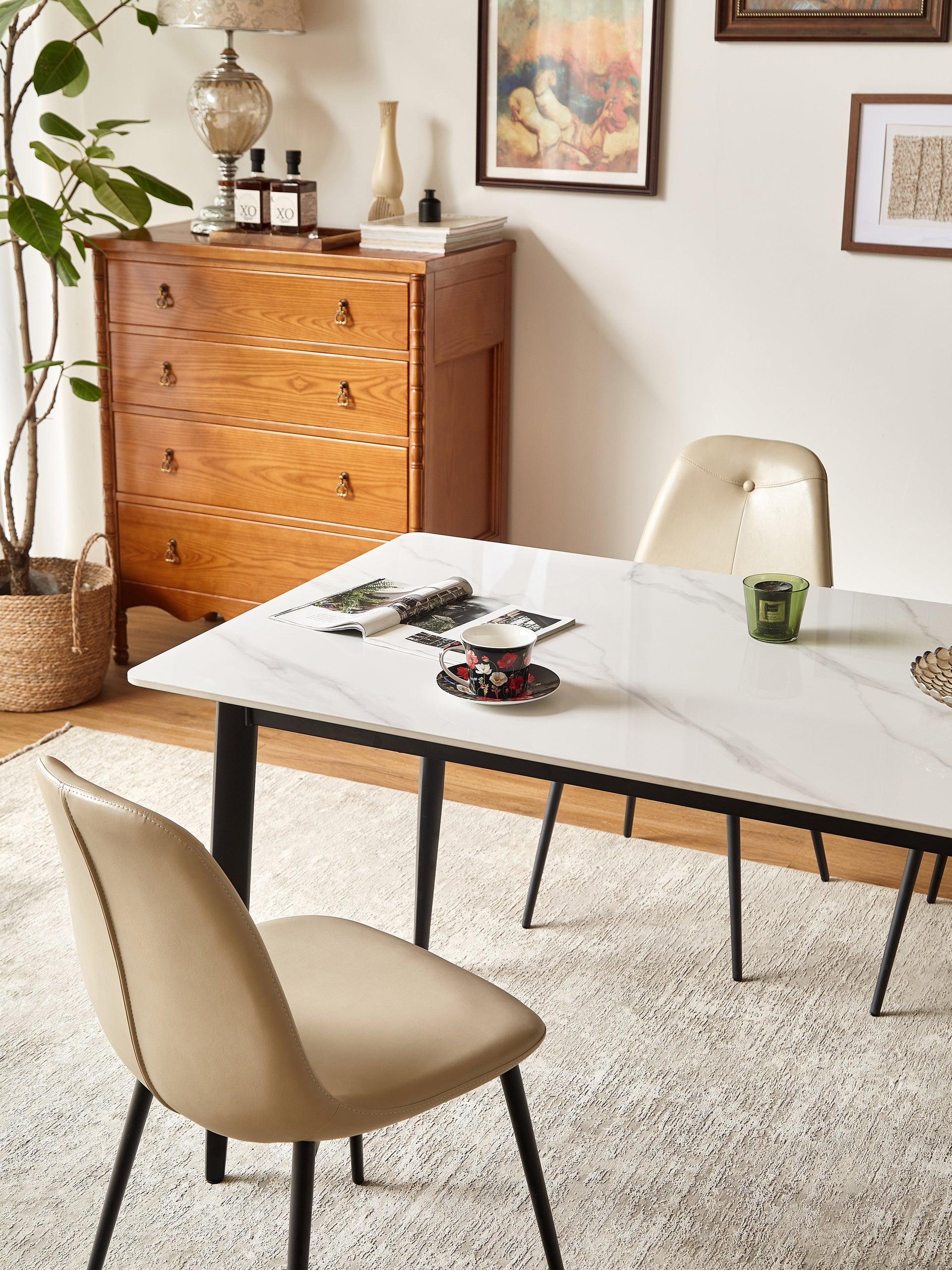 A set of 2 high back dining chairs with PU artificial leather soft cushions and metal legs, decorated with large soft cushions