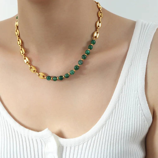 Agate bead chain design with titanium steel gold-plated necklace