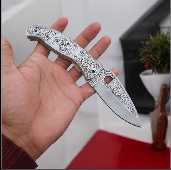 Hand Engraved J2 Steel Pocket Knife – 7.5