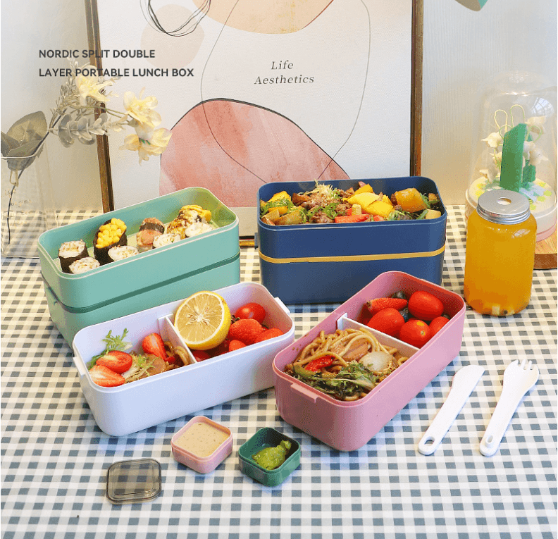 Japanese style microwaveable double layer compartment sealed lunch box