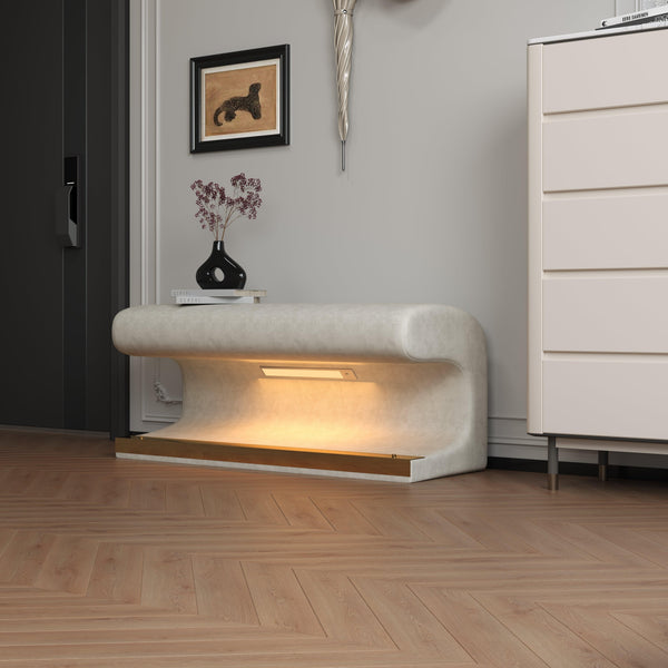 Entryway Bench Leather Upholstered Ottoman with LED sensor light for living room ,bedroom,end of bed ，Beige