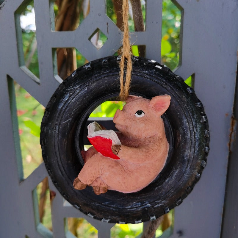 Cute Piggy Reading Tire Courtyard Garden Outdoor Hanger