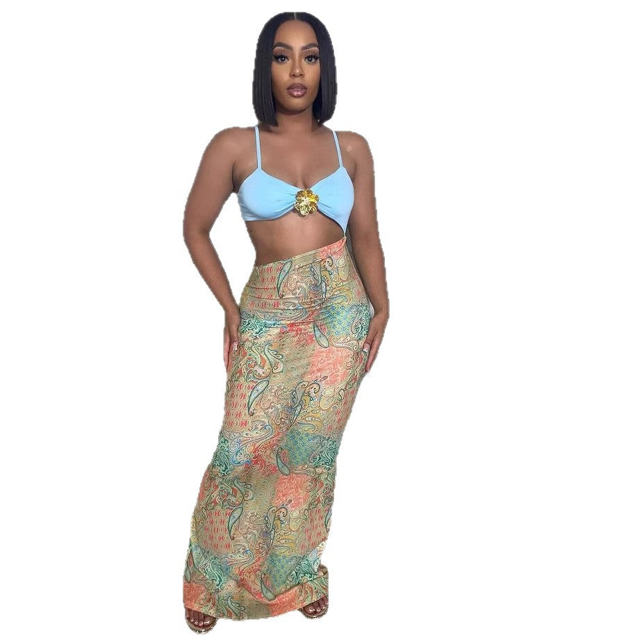 Women's Sexy Strapless Backless Halter Fitted Slant Hip Long Dress