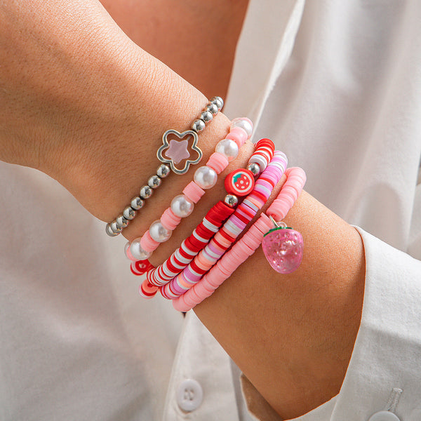 Sweet acrylic bead bracelet with cute strawberry soft ceramic CCB bracelet set