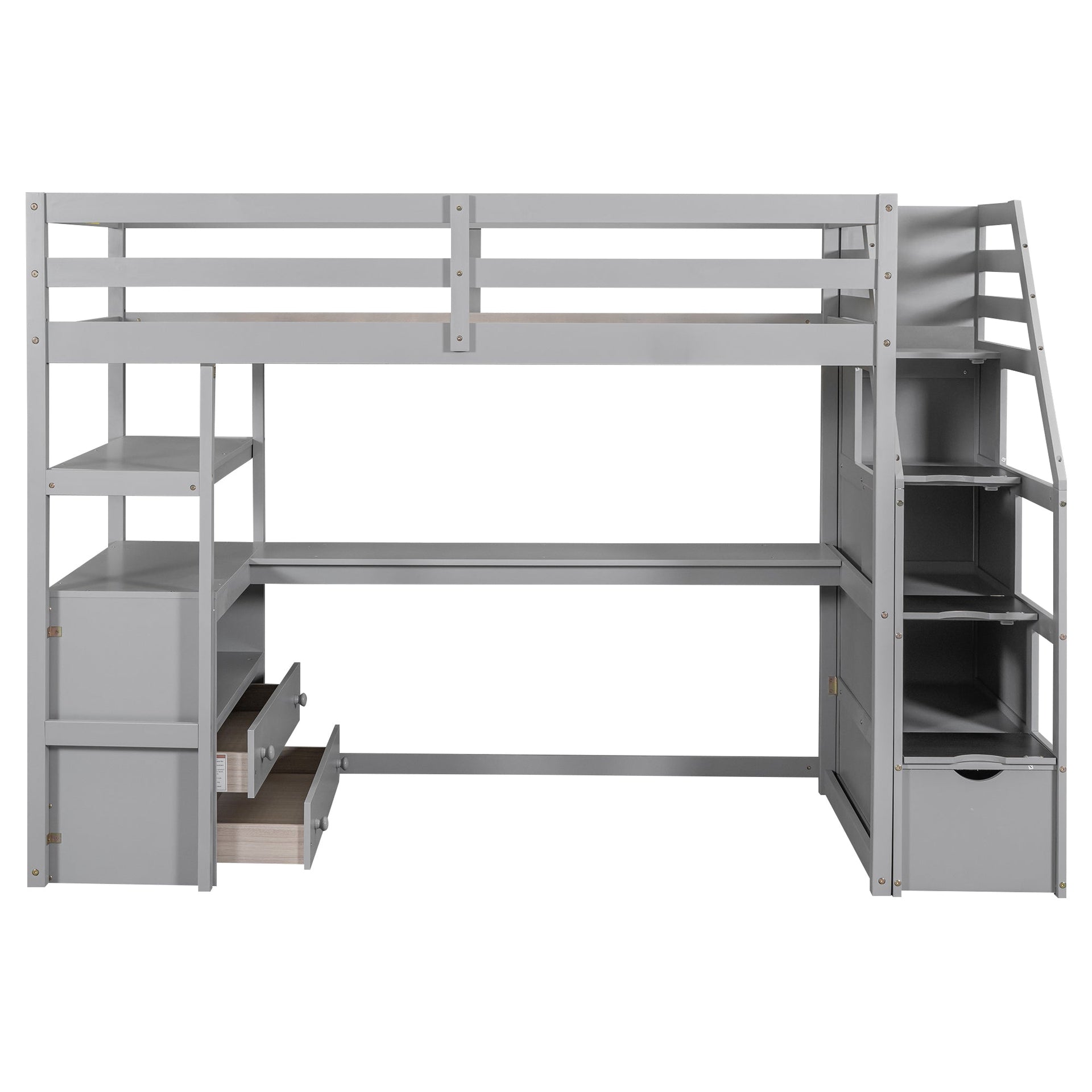 Twin Size Loft Bed with Desk and Shelves Two Built-in Drawers, Storage Staircase Gray