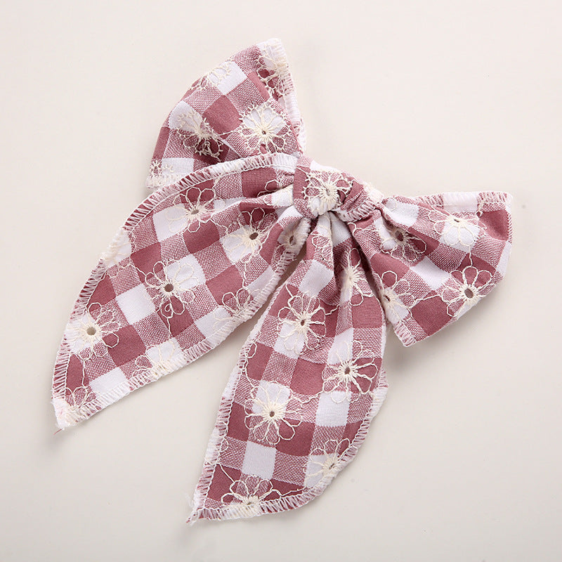 Children's Headwear Girl Plaid Cotton Embroidery Bow Hairpin Big Swallowtail Hairpin