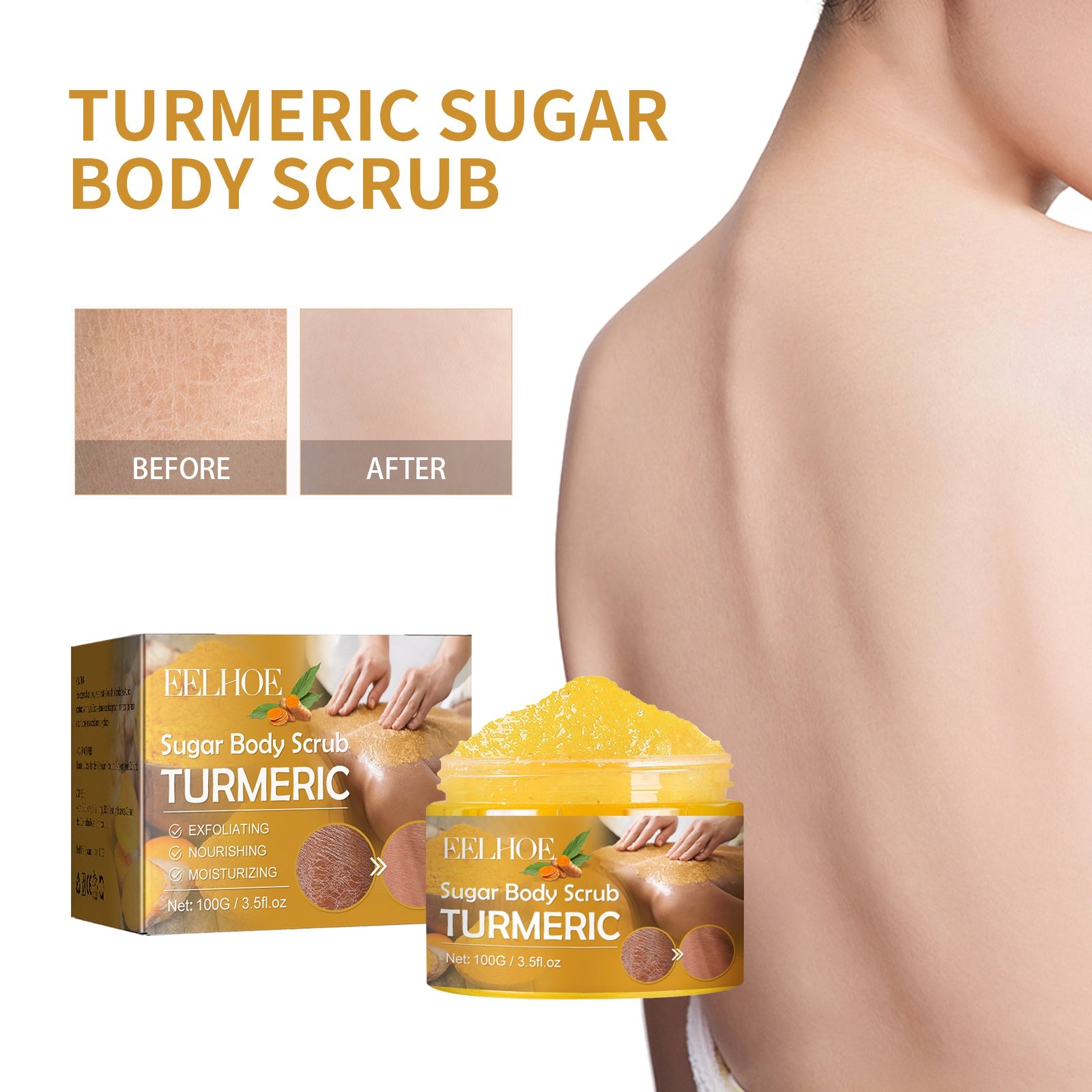 Turmeric Sugar Body Scrub, Fade Acne Mark Moisturizing Refreshing Smooth Tender Skin Cleansing Body Exfoliating Scrub