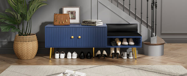Modern Shoe Storage Bench with Hidden Storage and Upholstered Cushions for Bedside, Living Room and Entryway (Navy)