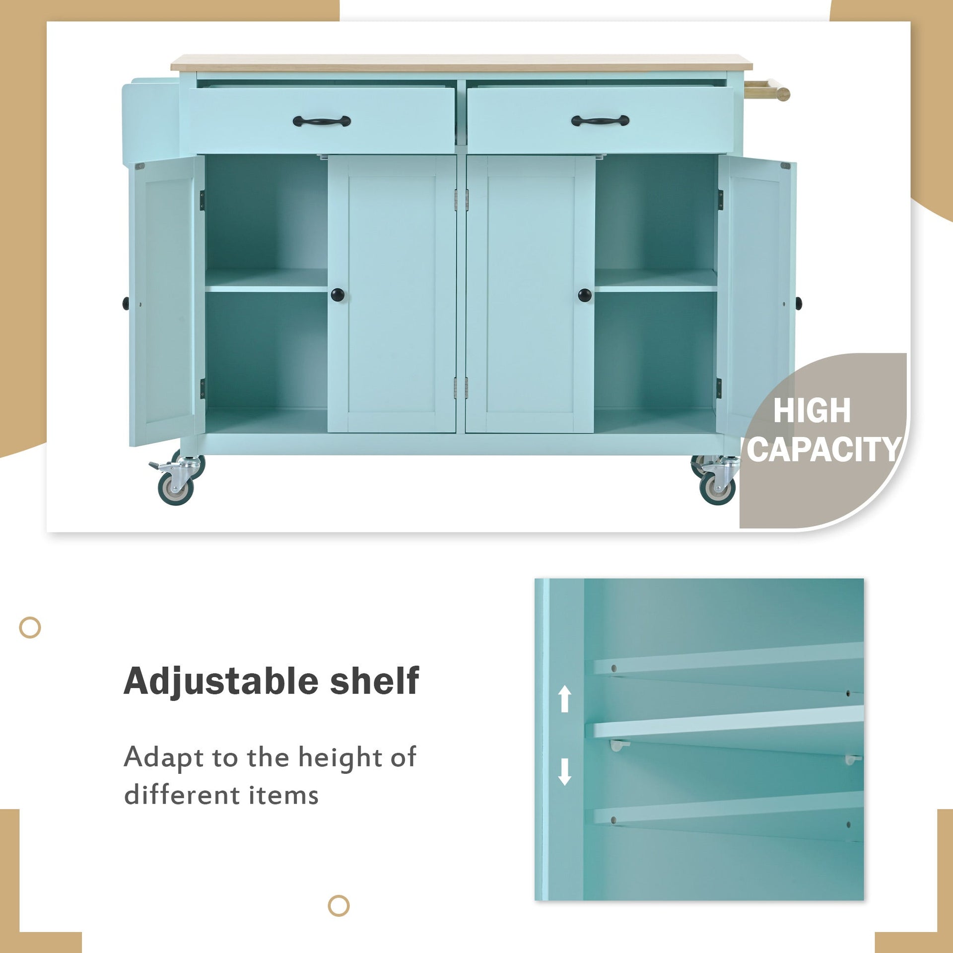 Kitchen Island Cart with 4 Door Cabinet and Two Drawers and 2 Locking Wheels - Solid Wood Top (Mint Green)