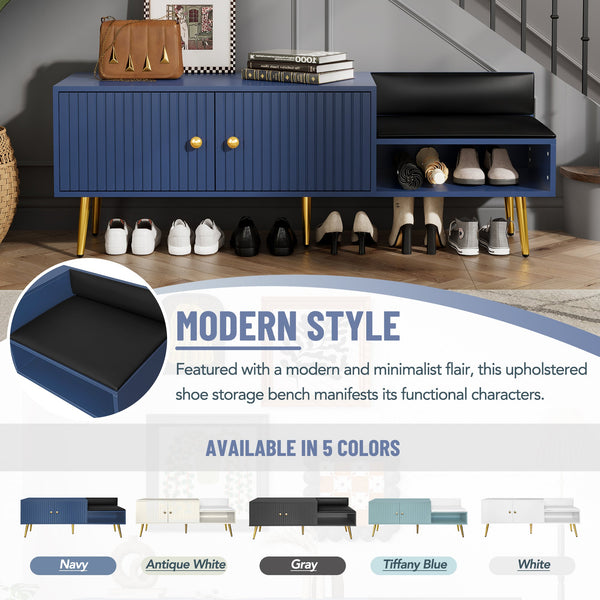 Modern Shoe Storage Bench with Hidden Storage and Upholstered Cushions for Bedside, Living Room and Entryway (Navy)