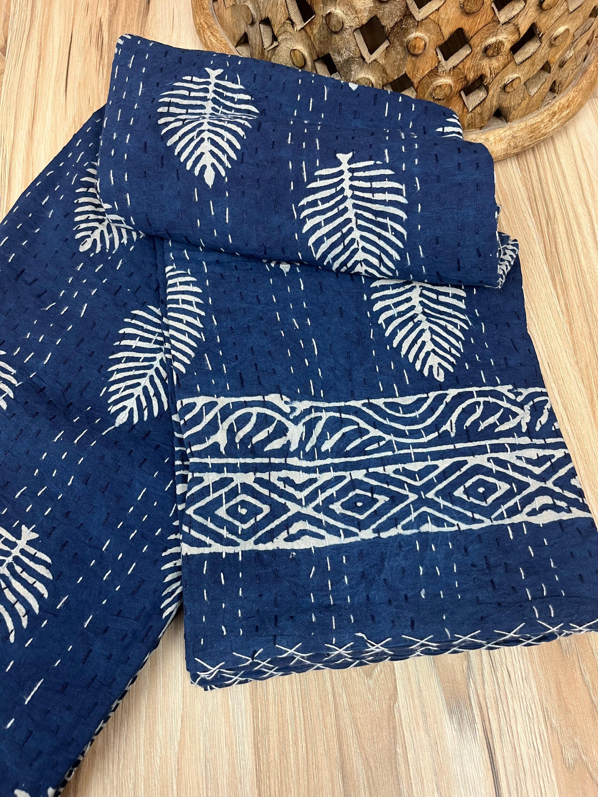 Bagru Indigo Leaves Block Print Cotton Kantha Quilt