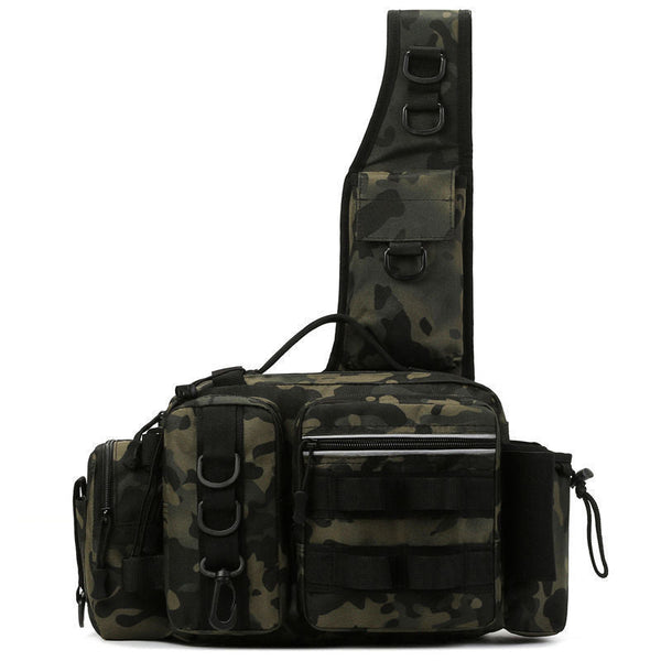 Men's Fishing Backpack: Equipped with bait box, equipment storage bag, pole holder, sling & shoulder bag design.